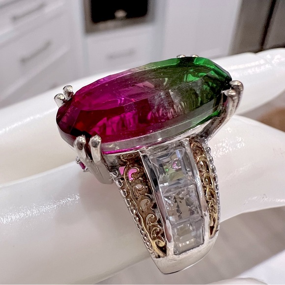 Watermelon Quartz Multigemstone 14K YG Sterling Silver Statement Ring - Picture 7 of 12